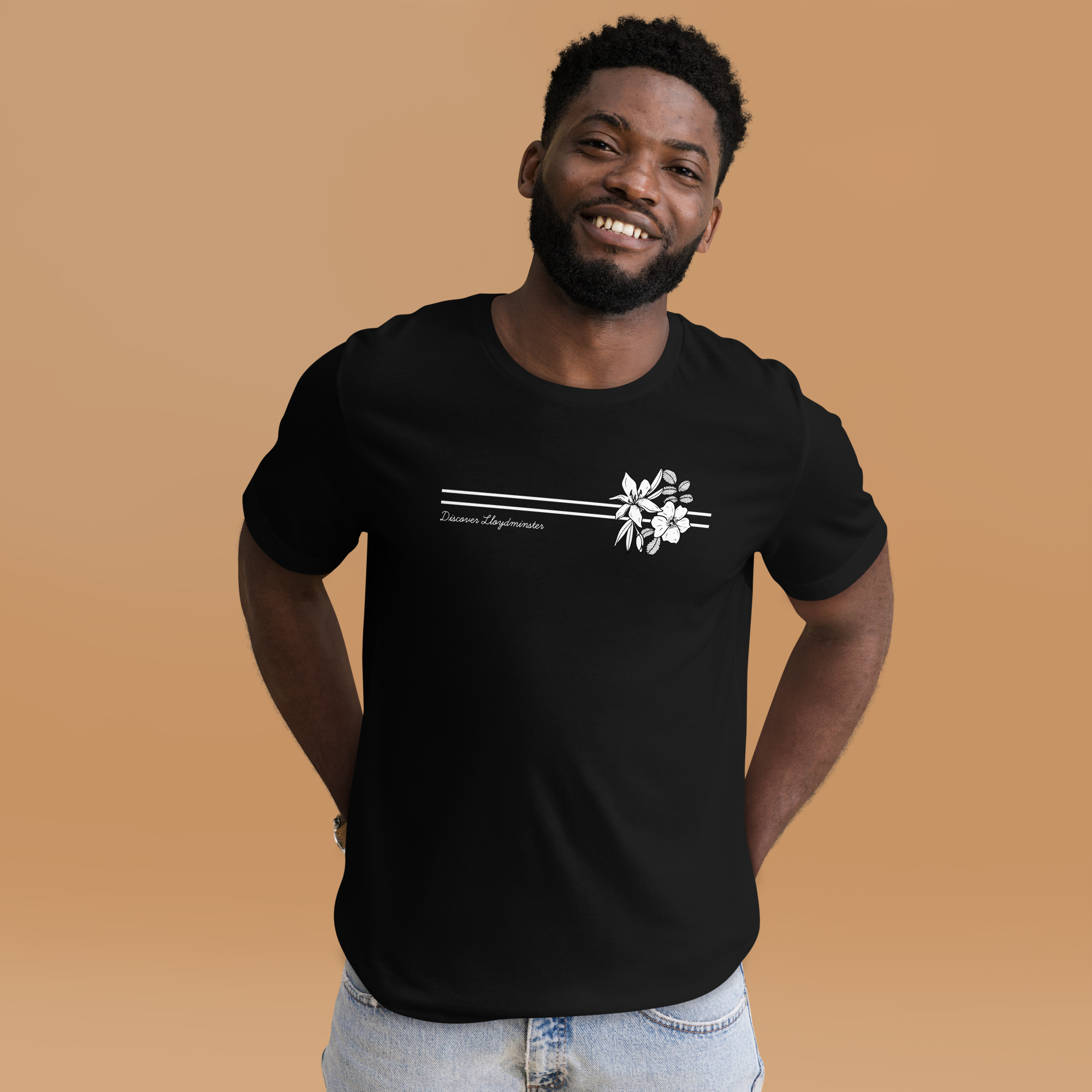 Black unisex t-shirt showed on man